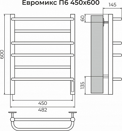 Евромикс П6 450х600 электро КС 9005 матовый ( new встроен диммер) Полотенцесушитель TERMINUS Нижний Тагил - фото 3